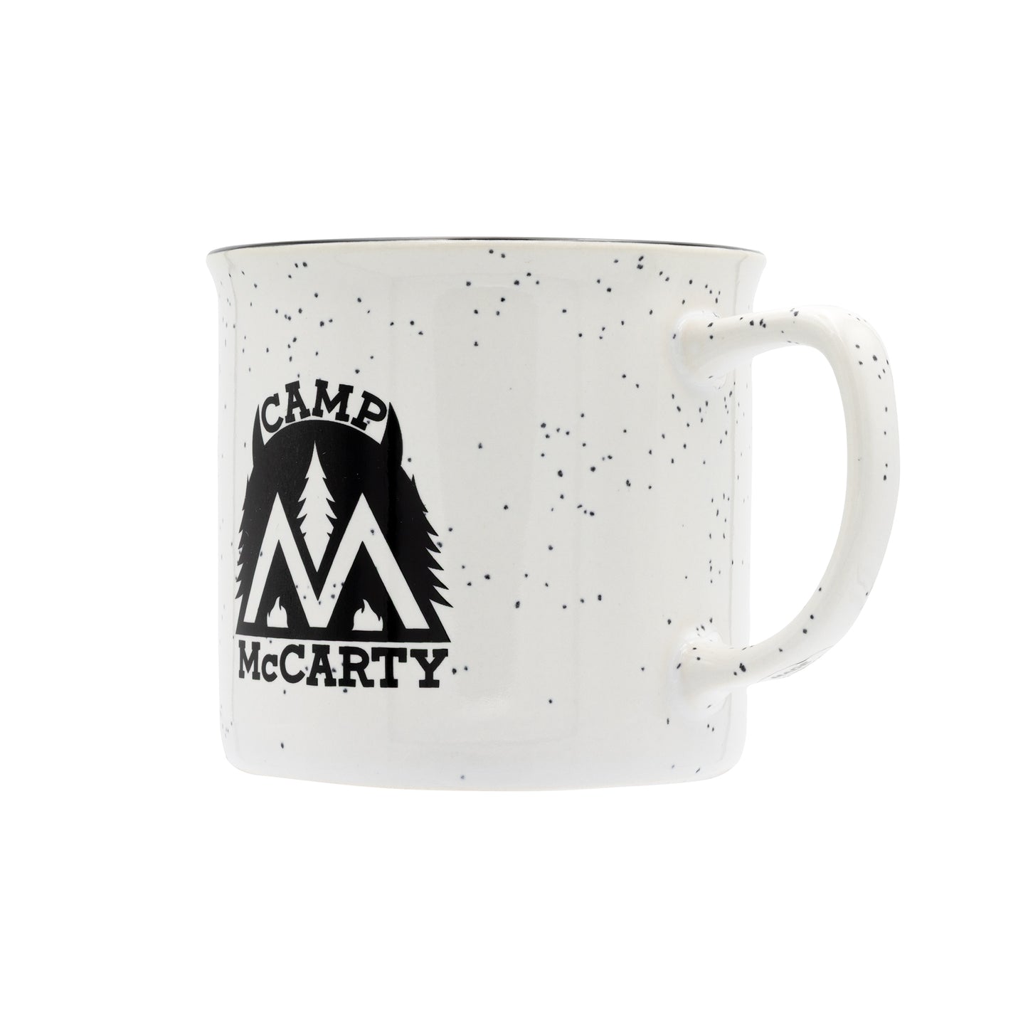 White mug with speckled pattern and 'Camp McCarty' logo on a white background