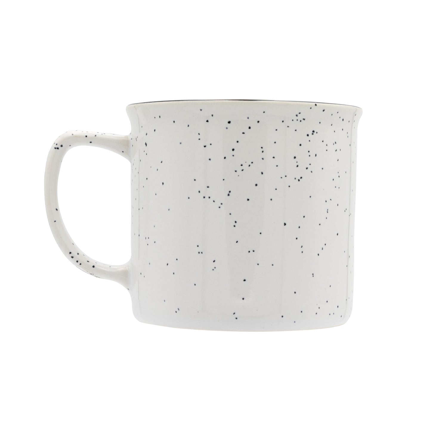 White ceramic mug with black speckles on a white background