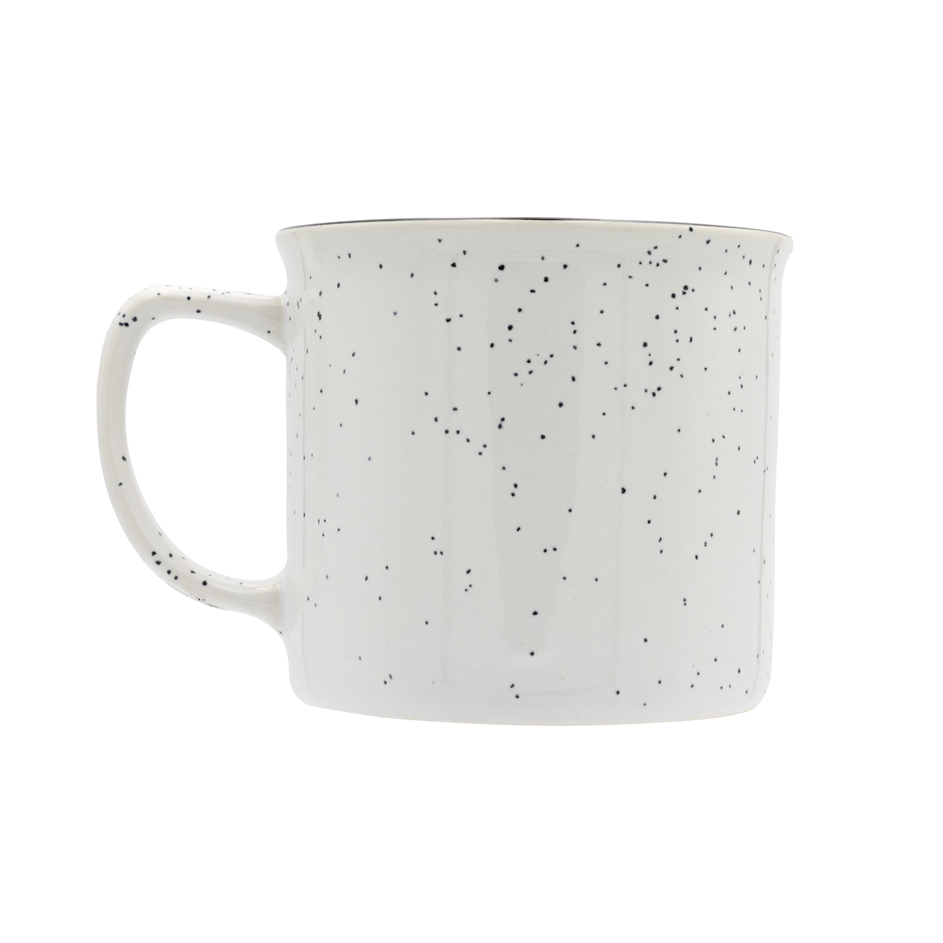 White ceramic mug with black speckles on a white background